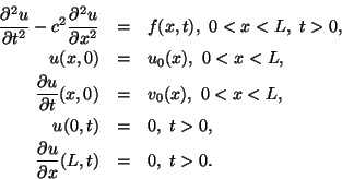\begin{eqnarray*}\frac{\partial^2u}{\partial t^2}-c^2\frac{\partial^2u}{\partial......0,t)&=&0,\ t>0,\\\frac{\partial u}{\partial x}(L,t)&=&0,\ t>0.\end{eqnarray*}
